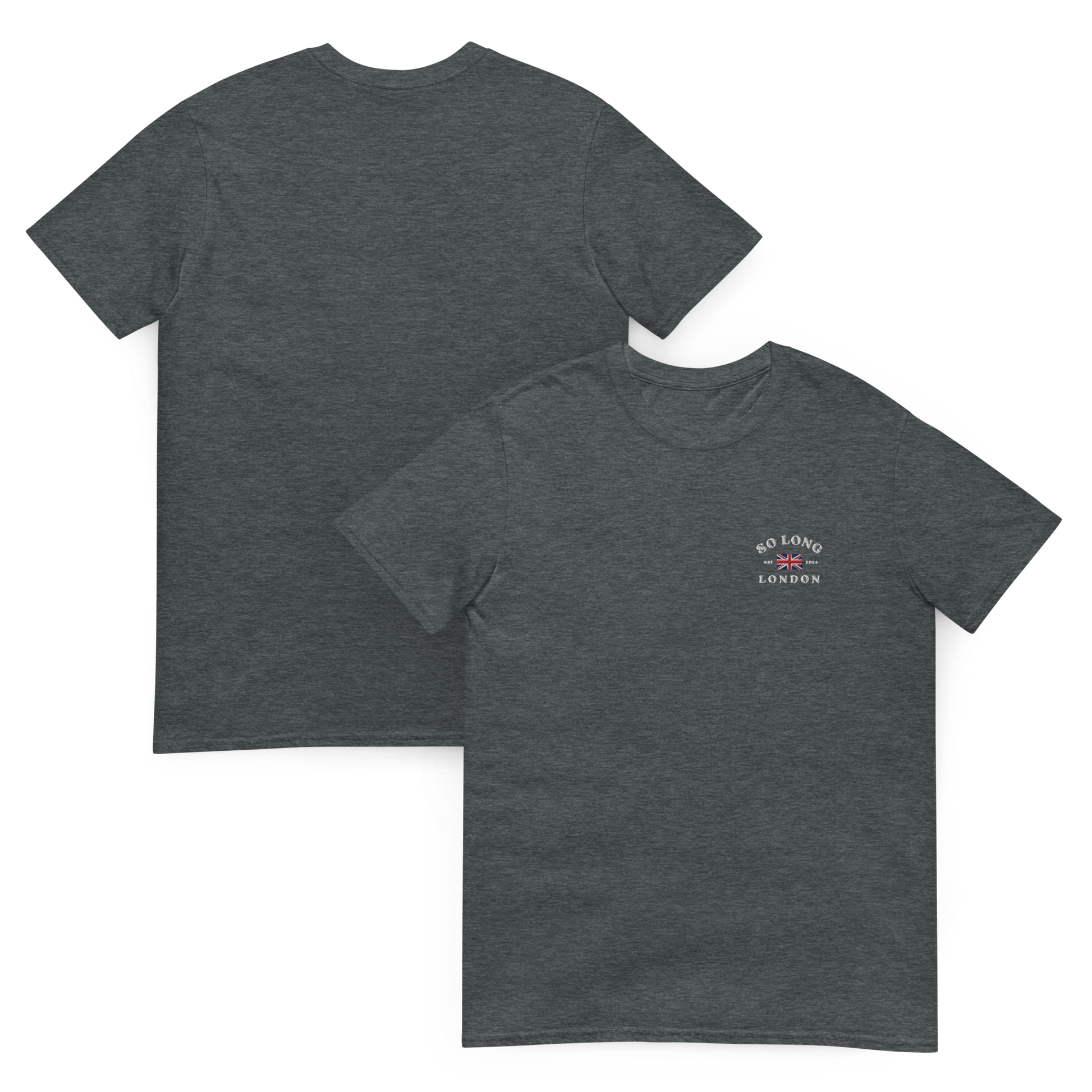 Taylor Swift So Long London inspired dark heather t-shirt with vintage ‘So Long London’ text and UK flag graphic, aesthetic Swiftie fan merchandise tee.