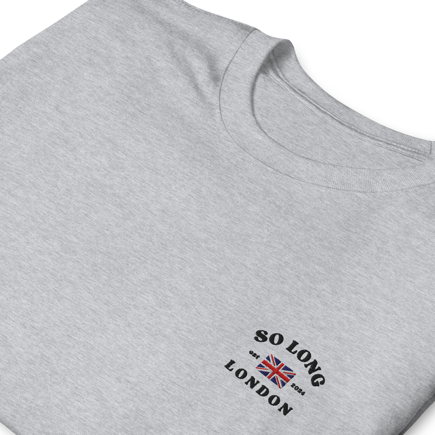 Taylor Swift So Long London inspired grey t-shirt with vintage ‘So Long London’ text and UK flag graphic, aesthetic Swiftie fan merchandise tee.