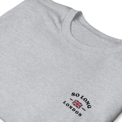 Taylor Swift So Long London inspired grey t-shirt with vintage ‘So Long London’ text and UK flag graphic, aesthetic Swiftie fan merchandise tee.