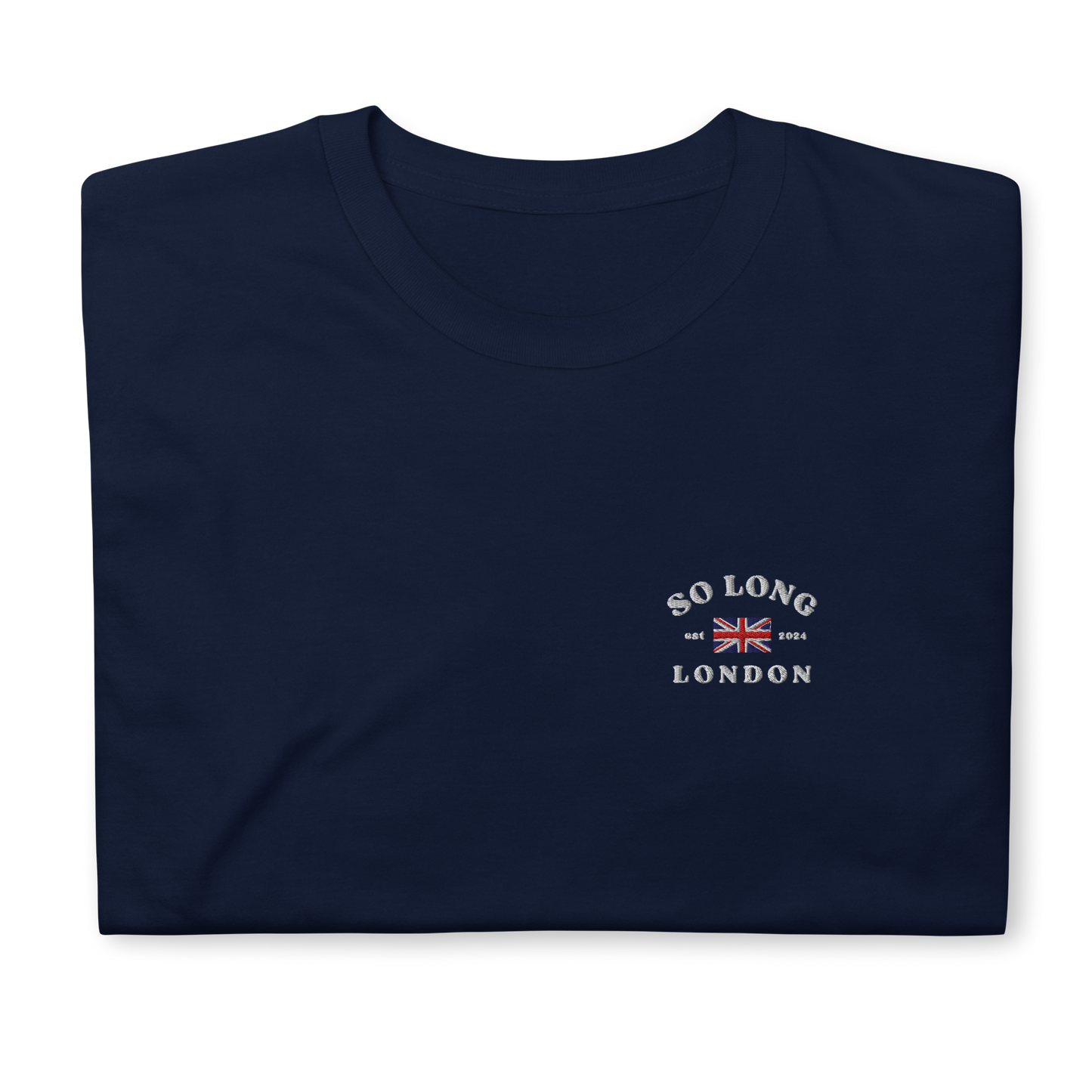 Taylor Swift So Long London inspired navy t-shirt with vintage ‘So Long London’ text and UK flag graphic, aesthetic Swiftie fan merchandise tee.