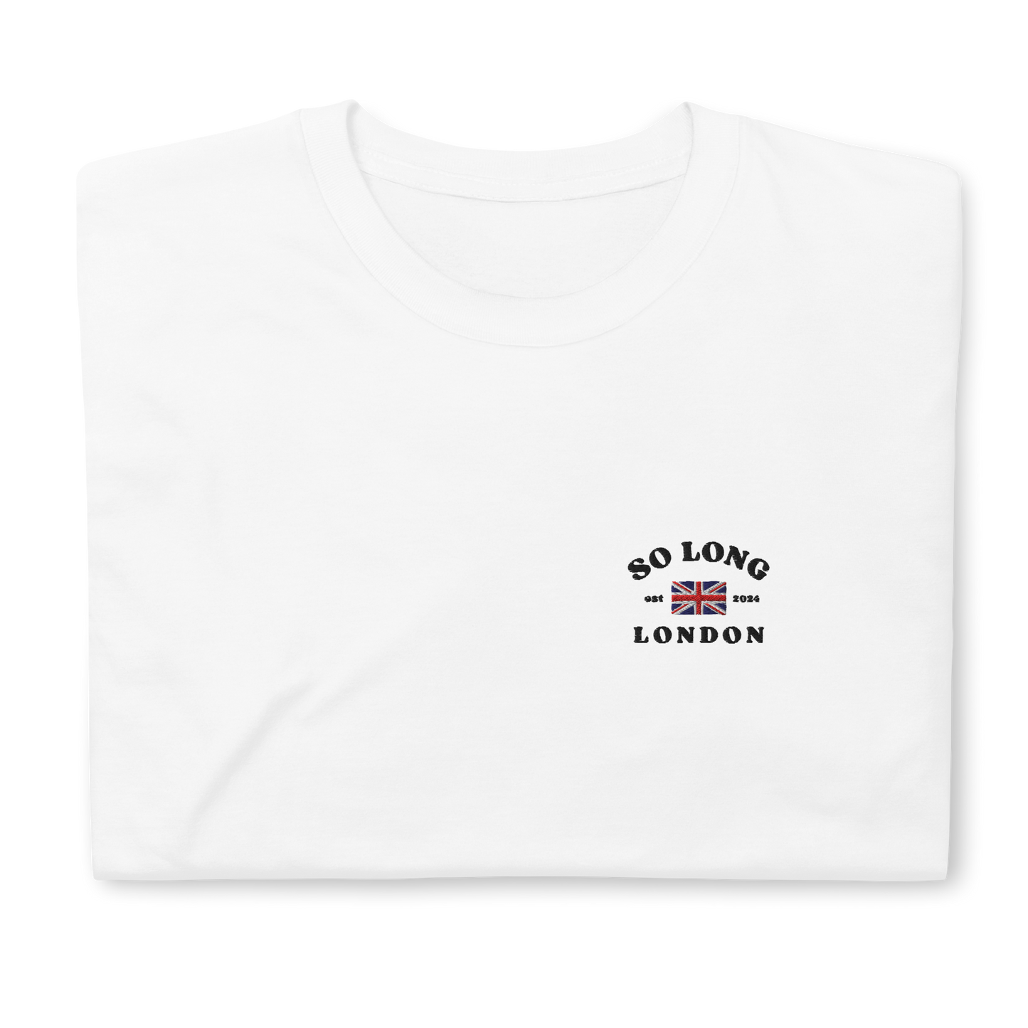 Taylor Swift So Long London inspired white t-shirt with vintage ‘So Long London’ text and UK flag graphic, aesthetic Swiftie fan merchandise tee.