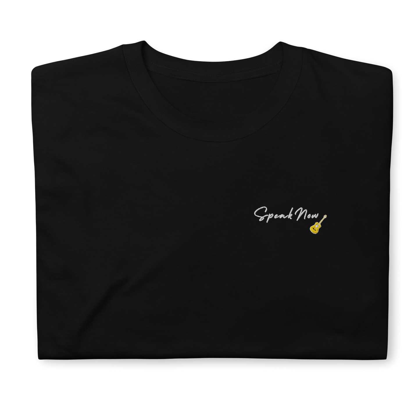 Taylor Swift Speak Now album inspired black t-shirt with minimalist ‘Speak Now’ script and yellow guitar, aesthetic Swiftie merchandise tee.