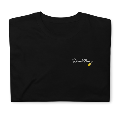 Taylor Swift Speak Now album inspired black t-shirt with minimalist ‘Speak Now’ script and yellow guitar, aesthetic Swiftie merchandise tee.