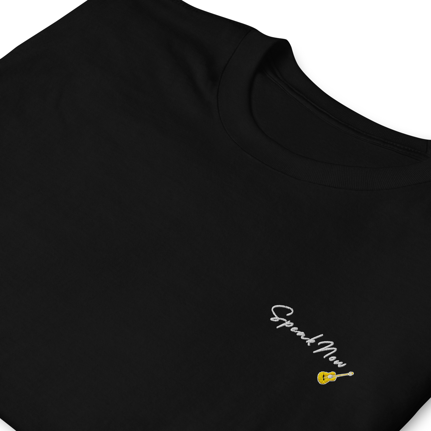 Taylor Swift Speak Now album inspired black t-shirt with minimalist ‘Speak Now’ script and yellow guitar, aesthetic Swiftie merchandise tee.