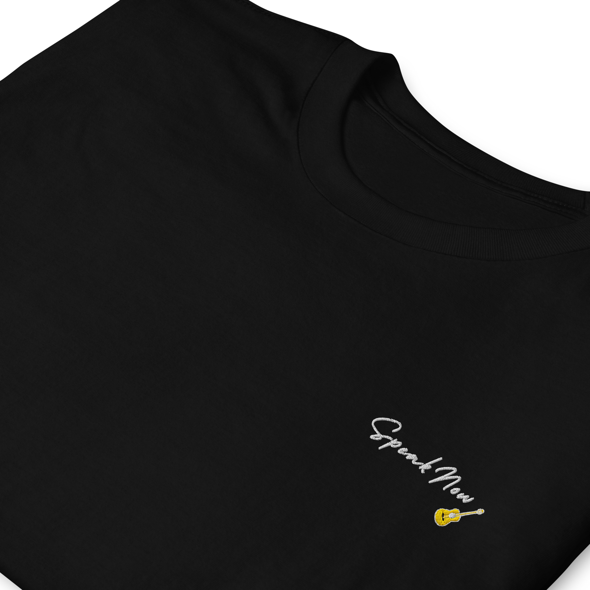 Taylor Swift Speak Now album inspired black t-shirt with minimalist ‘Speak Now’ script and yellow guitar, aesthetic Swiftie merchandise tee.