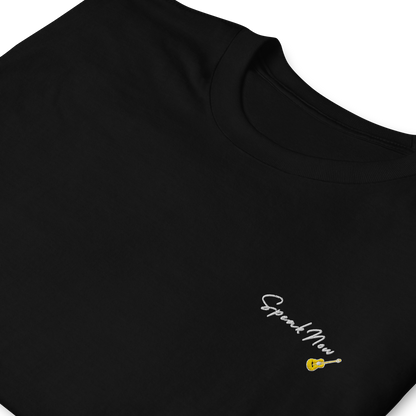 Taylor Swift Speak Now album inspired black t-shirt with minimalist ‘Speak Now’ script and yellow guitar, aesthetic Swiftie merchandise tee.