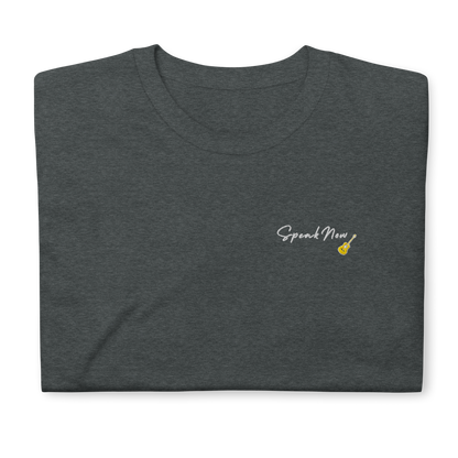 Taylor Swift Speak Now album inspired dark heather t-shirt with minimalist ‘Speak Now’ script and yellow guitar, aesthetic Swiftie merchandise tee.