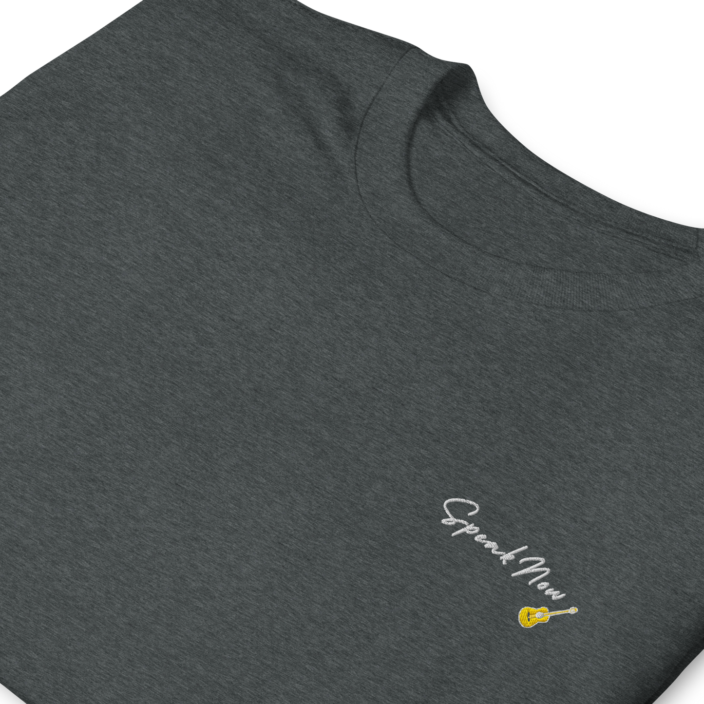 Taylor Swift Speak Now album inspired dark heather t-shirt with minimalist ‘Speak Now’ script and yellow guitar, aesthetic Swiftie merchandise tee.