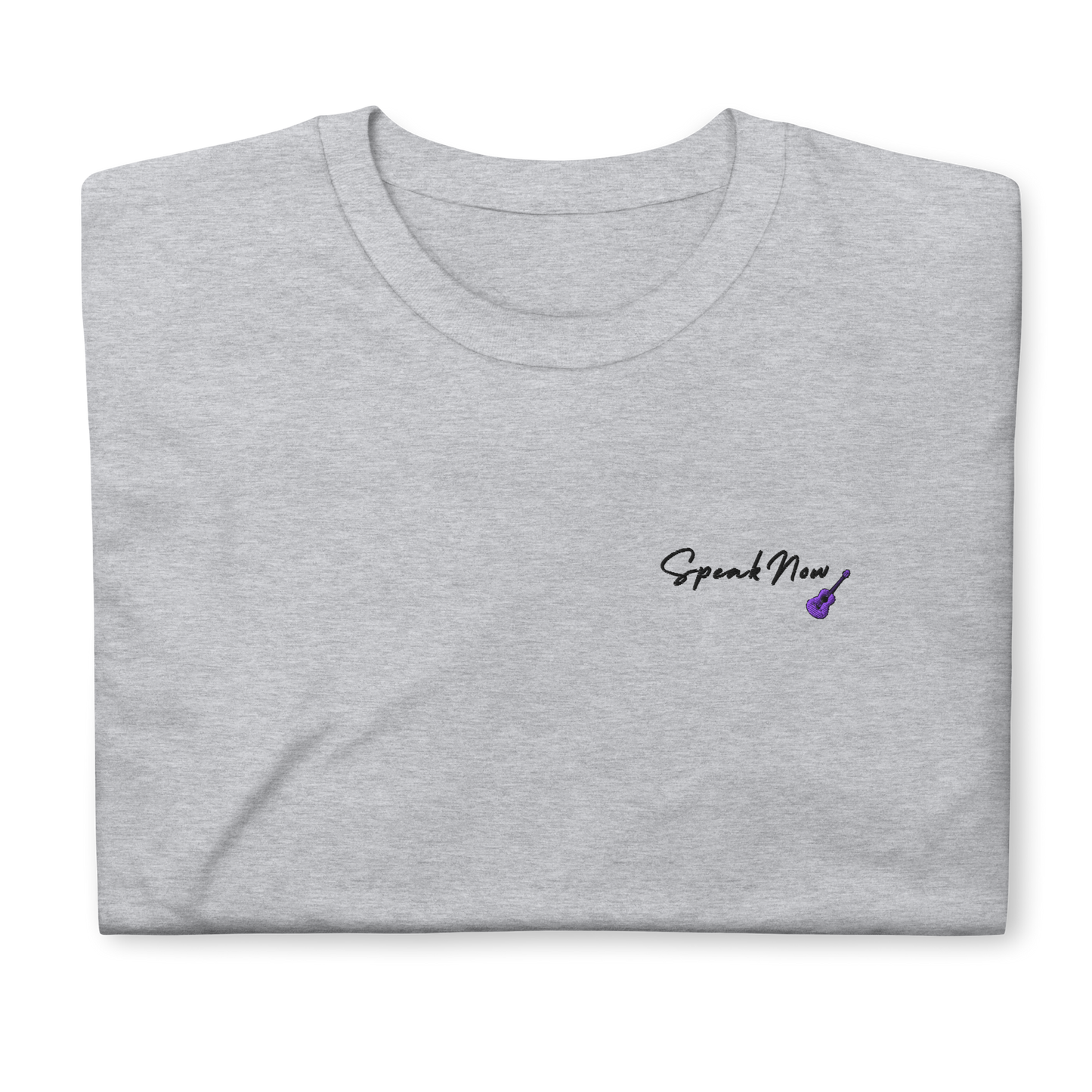 Taylor Swift Speak Now album inspired grey t-shirt with minimalist ‘Speak Now’ script and purple guitar, aesthetic Swiftie merchandise tee.
