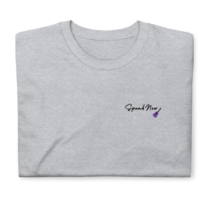 Taylor Swift Speak Now album inspired grey t-shirt with minimalist ‘Speak Now’ script and purple guitar, aesthetic Swiftie merchandise tee.