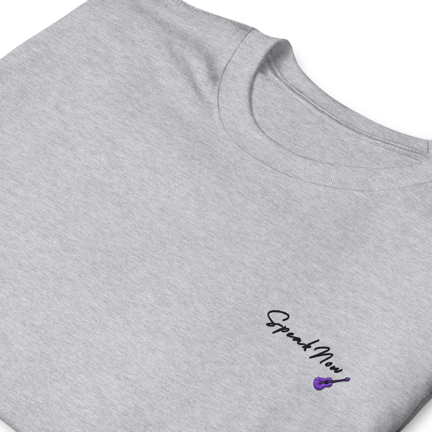 Taylor Swift Speak Now album inspired grey t-shirt with minimalist ‘Speak Now’ script and purple guitar, aesthetic Swiftie merchandise tee.