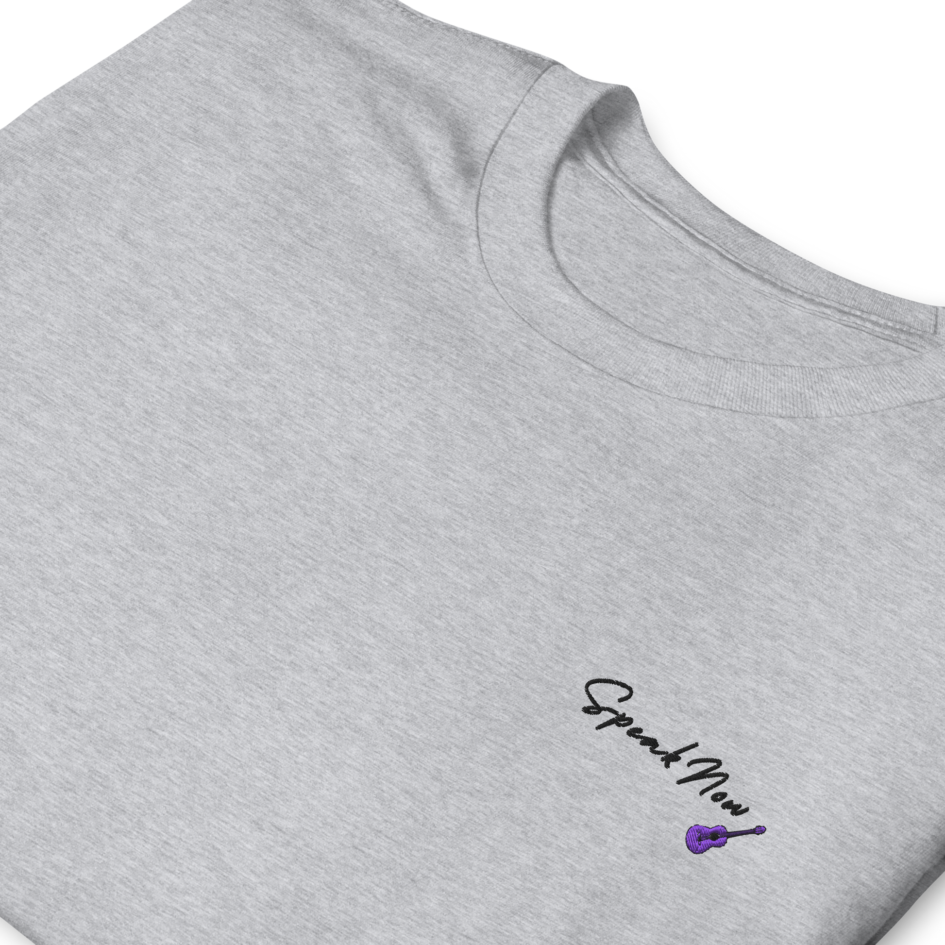 Taylor Swift Speak Now album inspired grey t-shirt with minimalist ‘Speak Now’ script and purple guitar, aesthetic Swiftie merchandise tee.