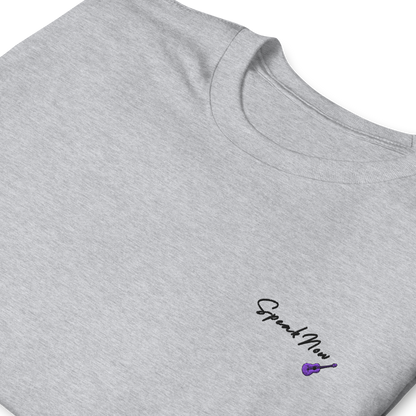Taylor Swift Speak Now album inspired grey t-shirt with minimalist ‘Speak Now’ script and purple guitar, aesthetic Swiftie merchandise tee.