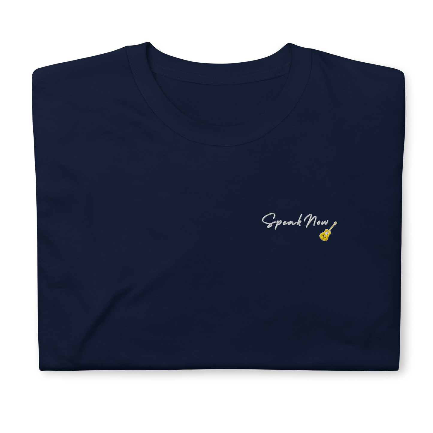 Taylor Swift Speak Now album inspired navy t-shirt with minimalist ‘Speak Now’ script and yellow guitar, aesthetic Swiftie merchandise tee.