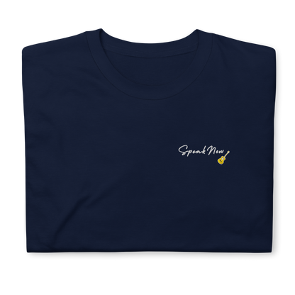 Taylor Swift Speak Now album inspired navy t-shirt with minimalist ‘Speak Now’ script and yellow guitar, aesthetic Swiftie merchandise tee.