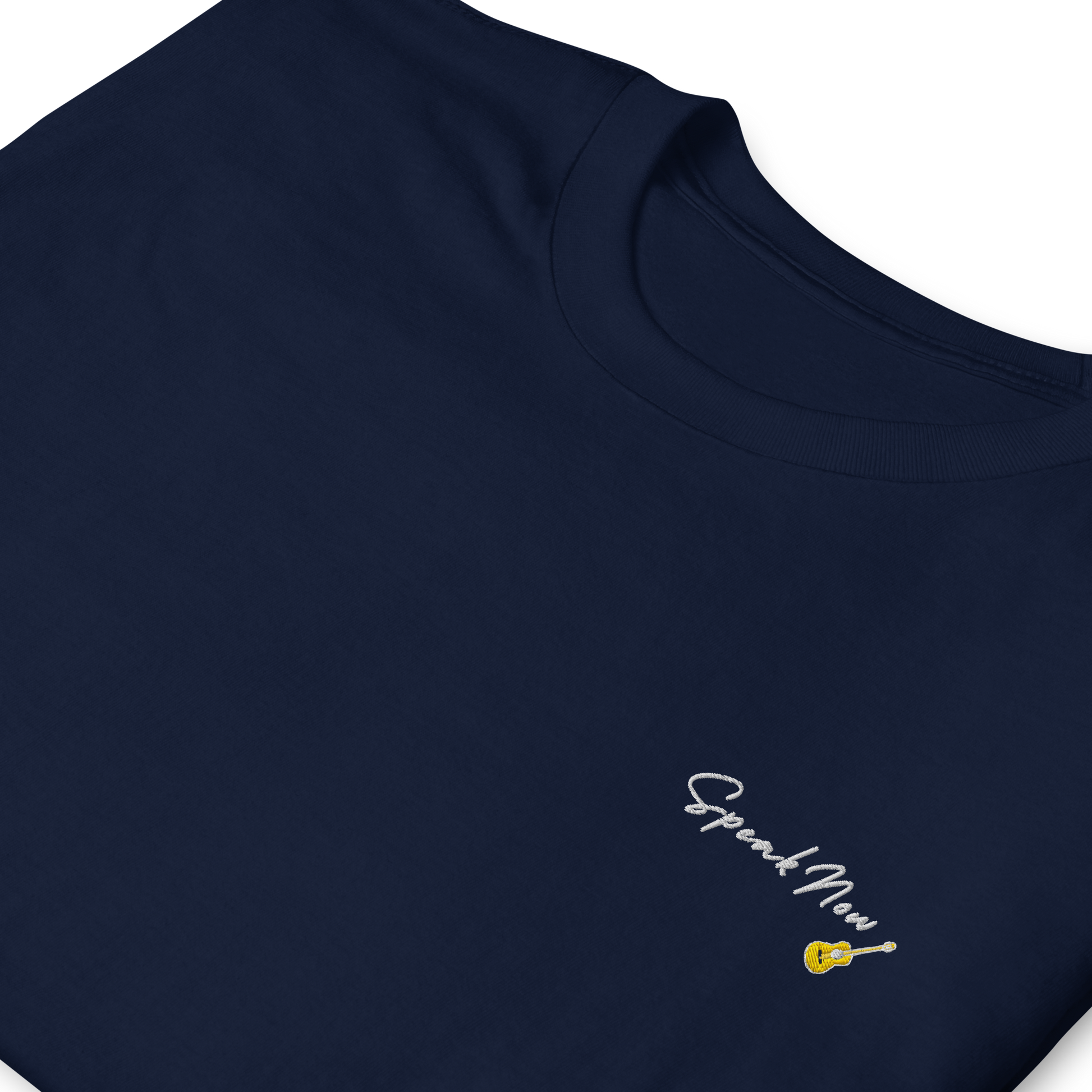 Taylor Swift Speak Now album inspired navy t-shirt with minimalist ‘Speak Now’ script and yellow guitar, aesthetic Swiftie merchandise tee.