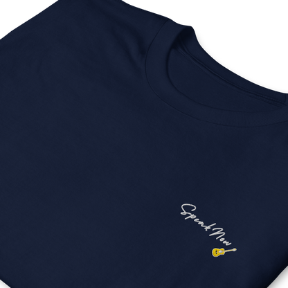 Taylor Swift Speak Now album inspired navy t-shirt with minimalist ‘Speak Now’ script and yellow guitar, aesthetic Swiftie merchandise tee.