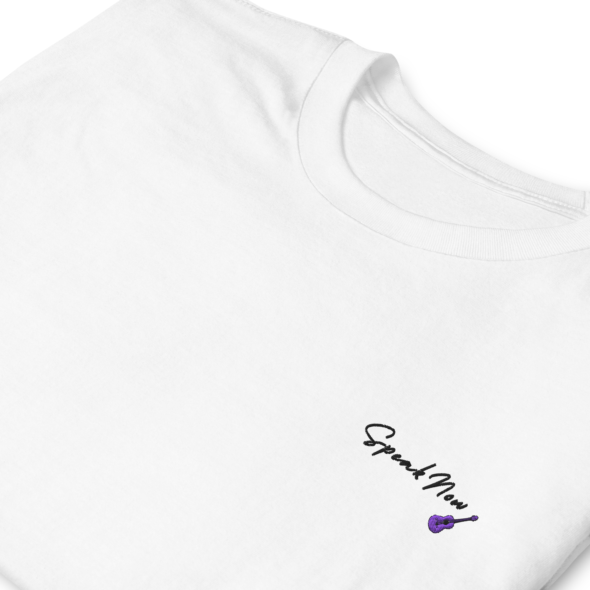 Taylor Swift Speak Now album inspired white t-shirt with minimalist ‘Speak Now’ script and purple guitar, aesthetic Swiftie merchandise tee.