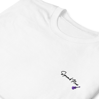 Taylor Swift Speak Now album inspired white t-shirt with minimalist ‘Speak Now’ script and purple guitar, aesthetic Swiftie merchandise tee.