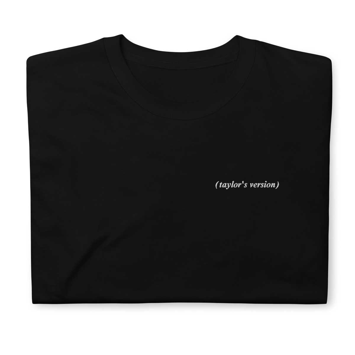 Black t-shirt with "(taylor's version)" embroidered in script text