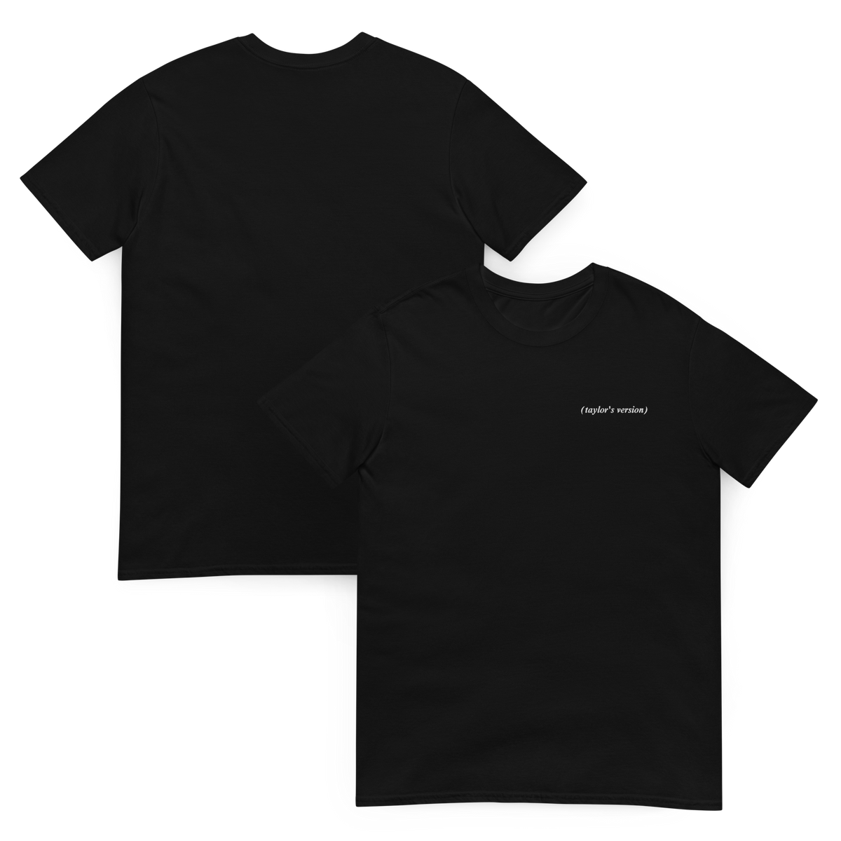 Black t-shirts, one with "(taylor's version)" embroidered in script text and another showing the back view showing the plain reverse side