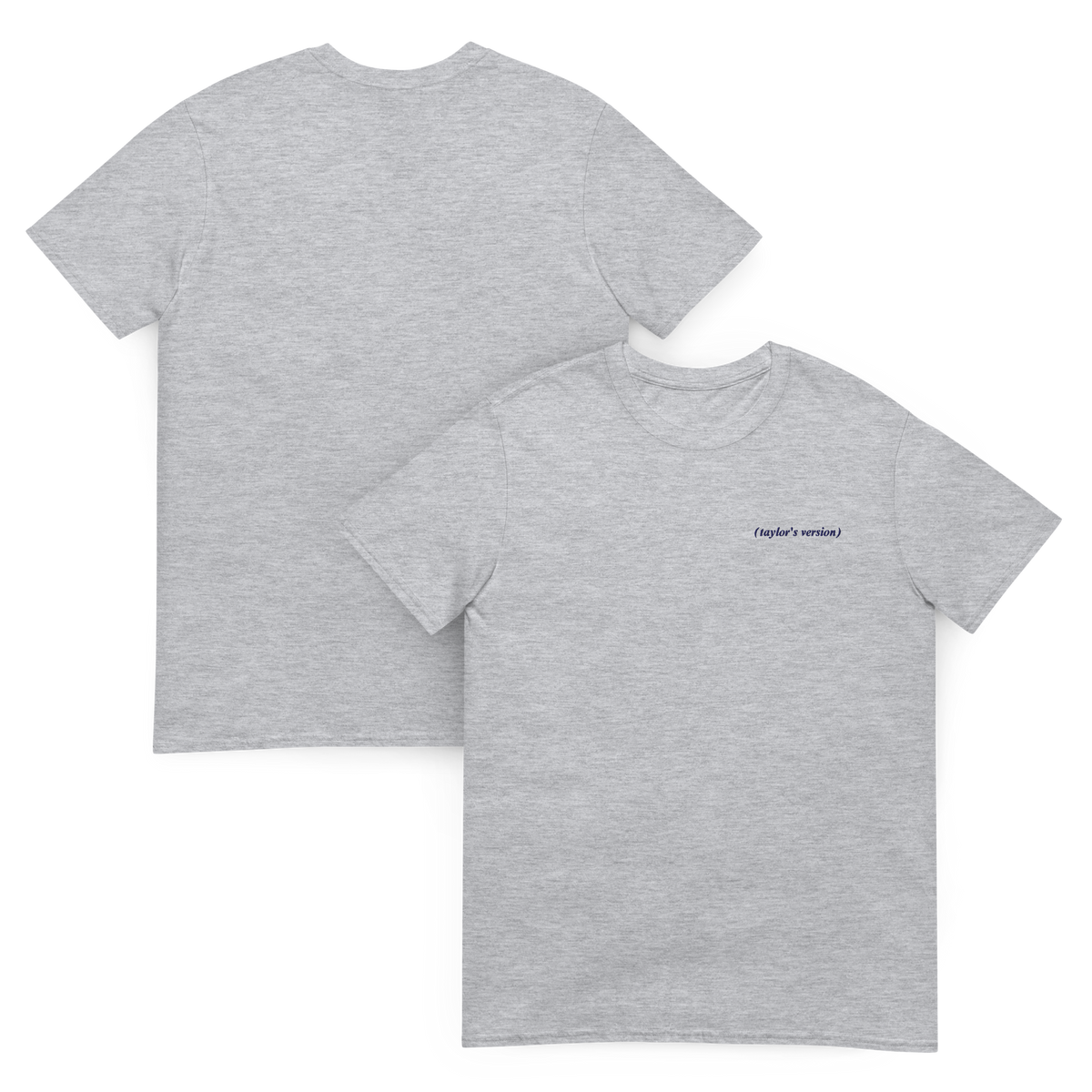 Grey t-shirts, one with "(taylor's version)" embroidered in script text and another showing the back view showing the plain reverse side