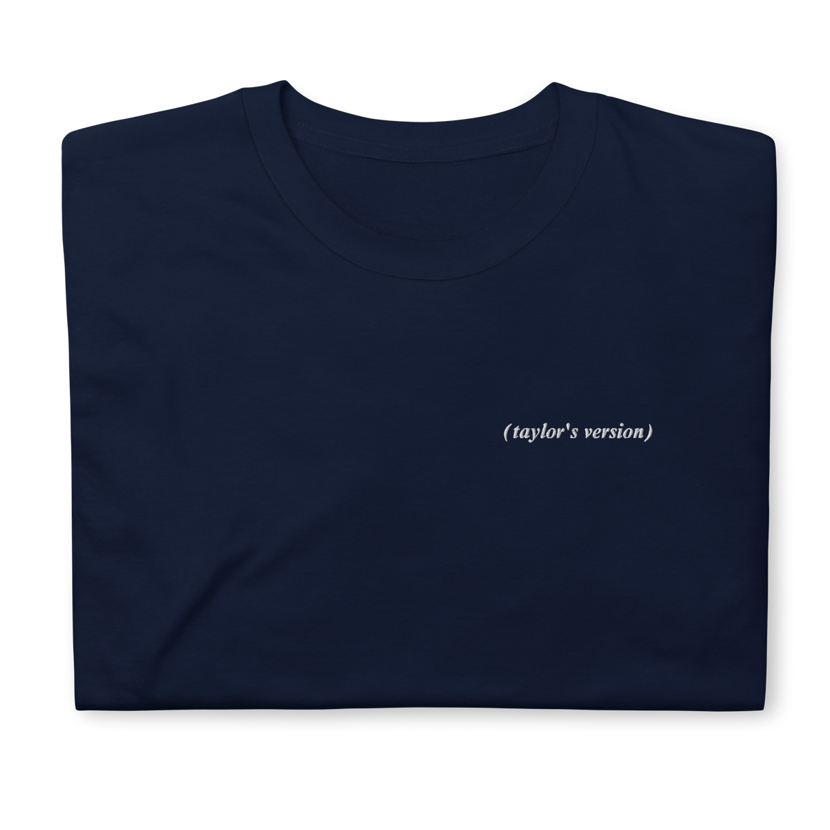 Navy t-shirt with "(taylor's version)" embroidered in script text