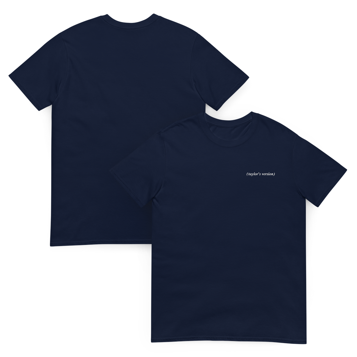 Navy t-shirts, one with "(taylor's version)" embroidered in script text and another showing the back view showing the plain reverse side