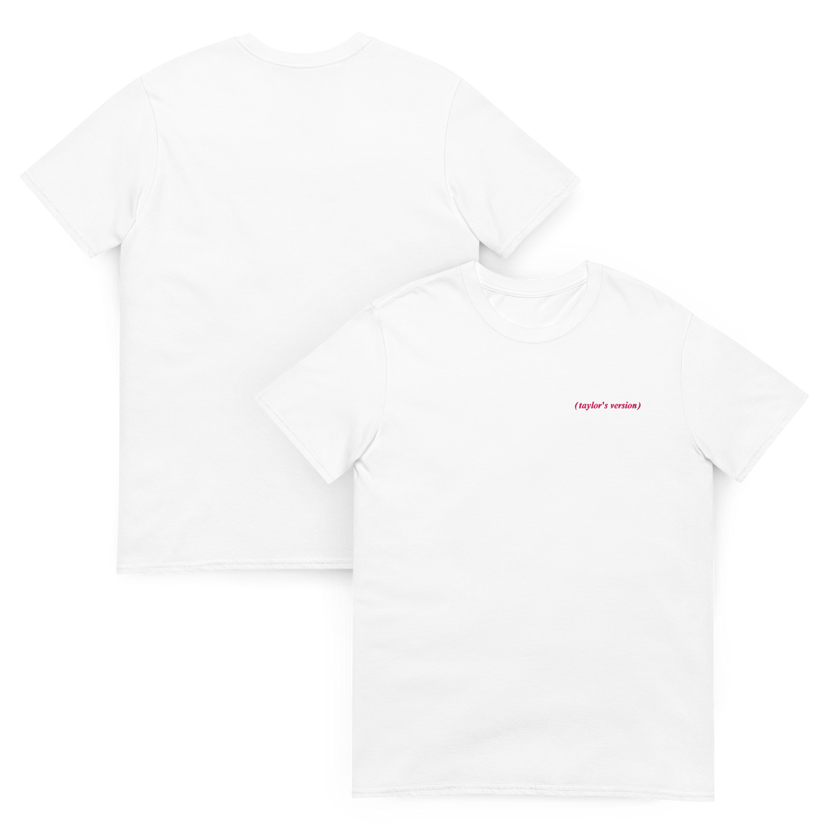 White t-shirts, one with "(taylor's version)" embroidered in script text and another showing the back view showing the plain reverse side